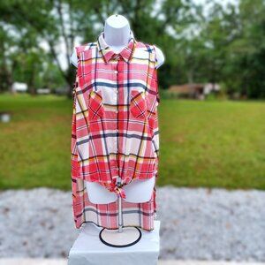 Sleeveless Plaid Button-Up Shirt With Front Tie  New York Laundry  1X
